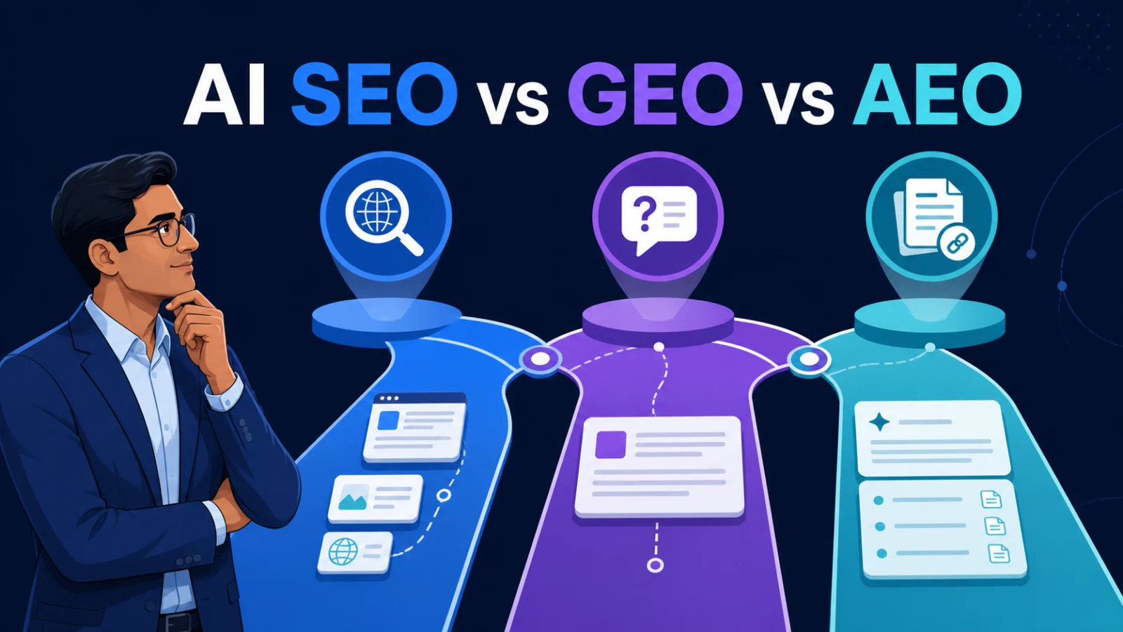 Comparison of AI SEO, GEO and AEO for search visibility