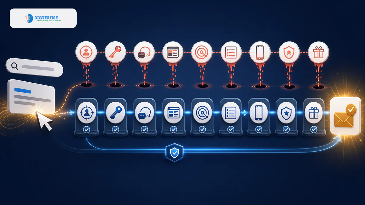 Paid search clicks passing through nine diagnostic checkpoints toward a lead
