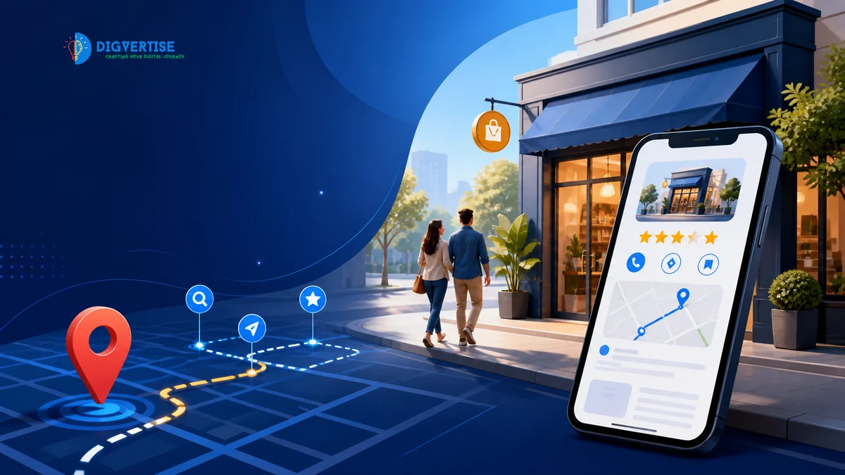 Illustrated local business discovery journey with a storefront, map route, location pin, reviews and mobile business profile