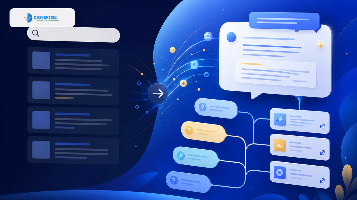 Traditional search results transitioning into conversational answers and source exploration