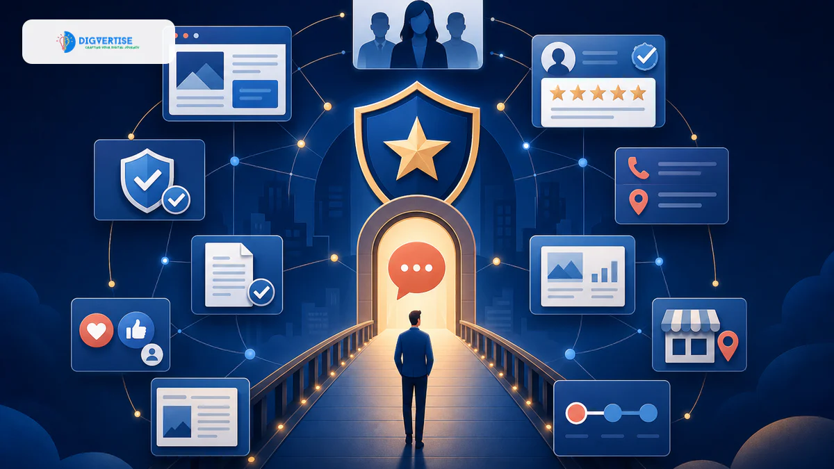 A customer crossing a bridge of website, identity, review, security and proof signals before contact