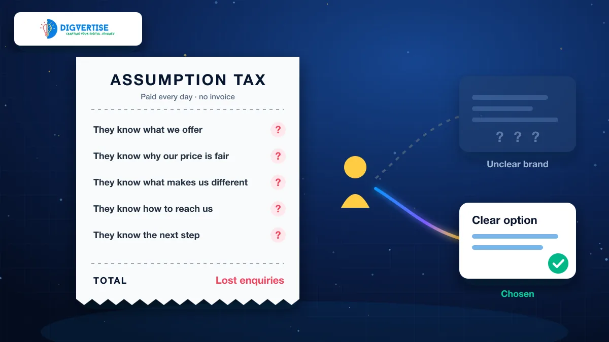 A receipt titled Assumption Tax listing unclear offer, hidden price logic, no visible difference and no clear next step