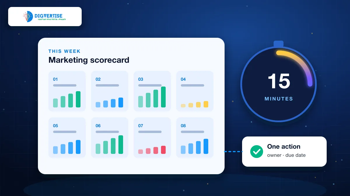 A simple weekly marketing scorecard with eight numbers, a timer and one action box