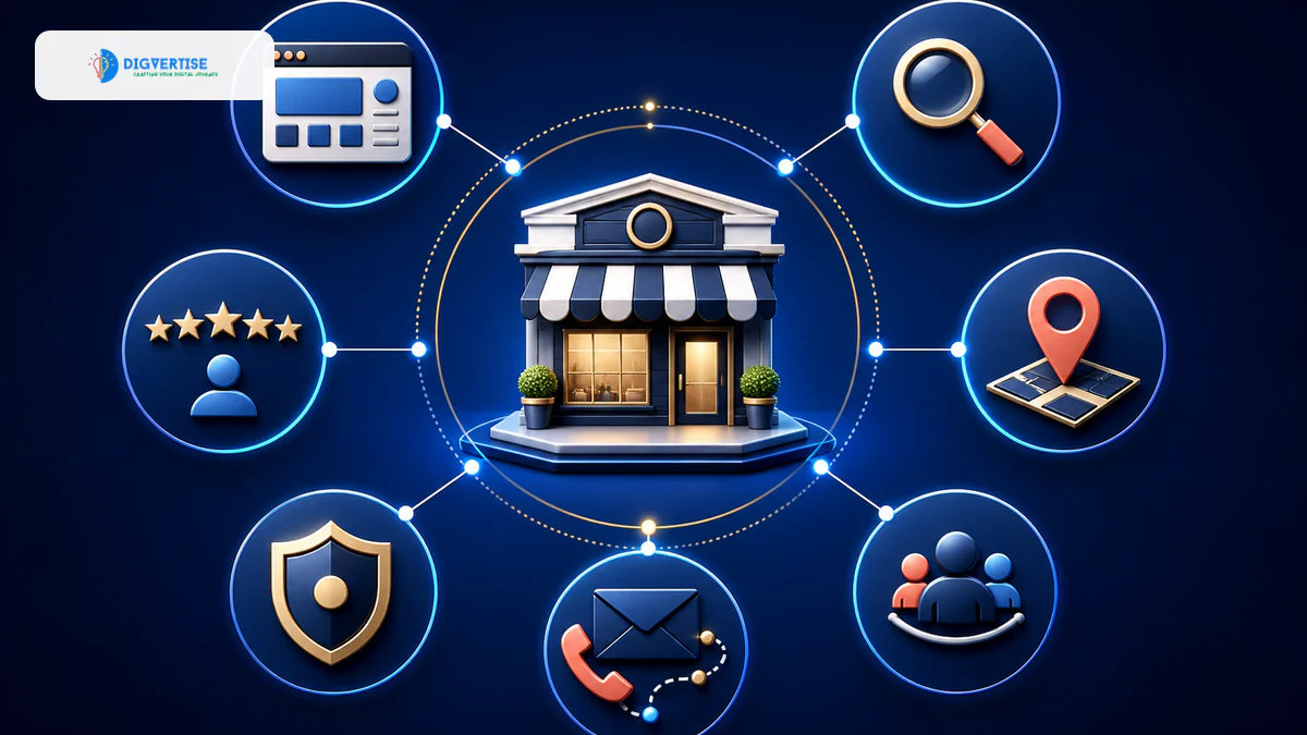 A business connected to website, search, local profile, reviews, social media and trust signals
