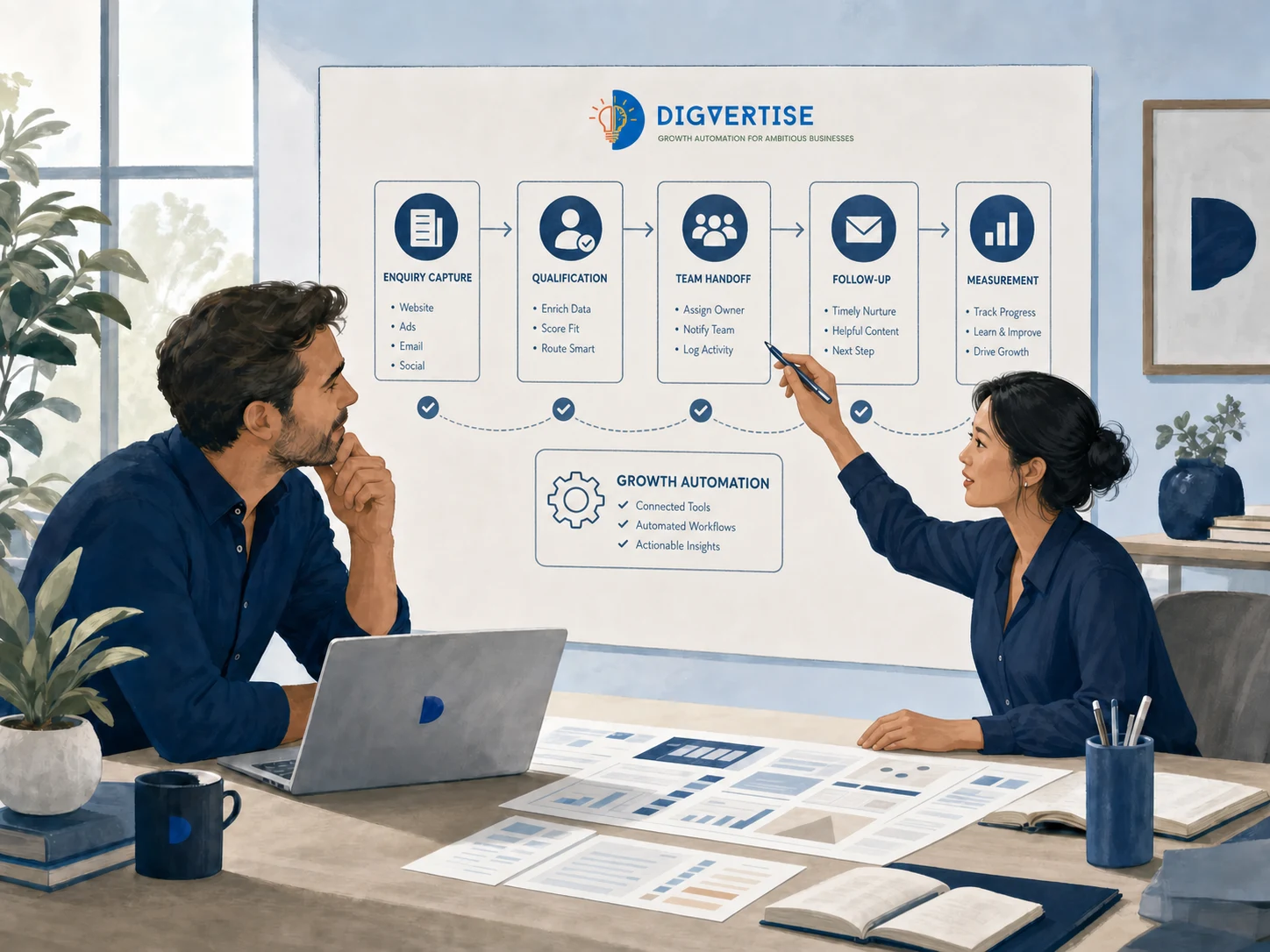 A Digvertise automation consultation mapping lead capture, notifications, follow-up and customer handoffs