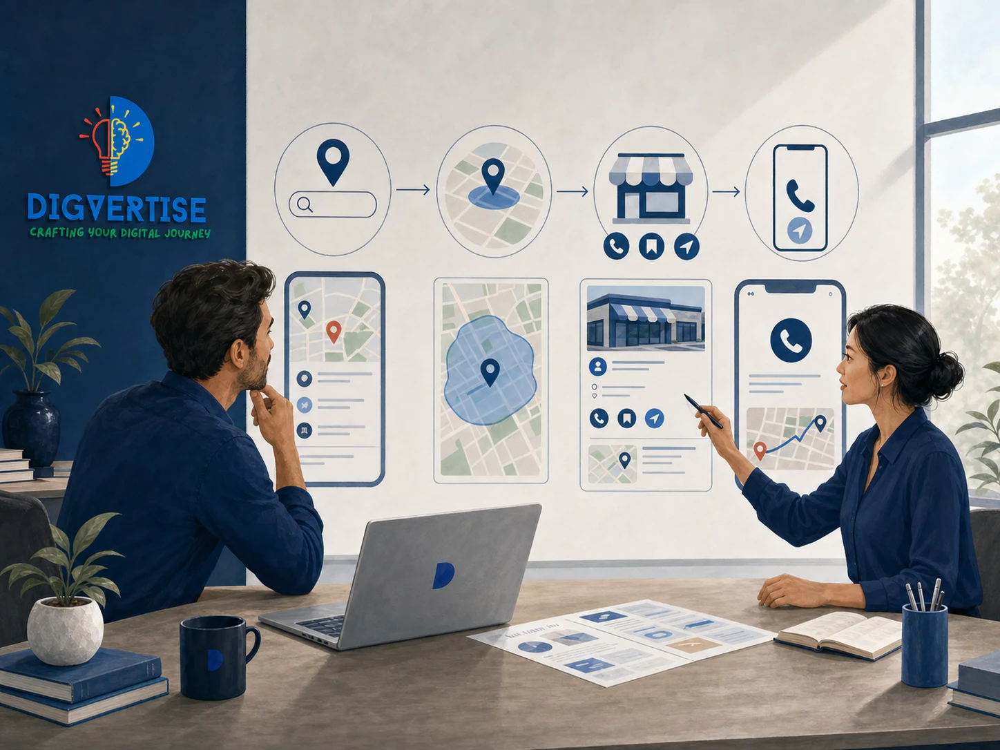 Local search visibility connecting a business profile, map result and customer action